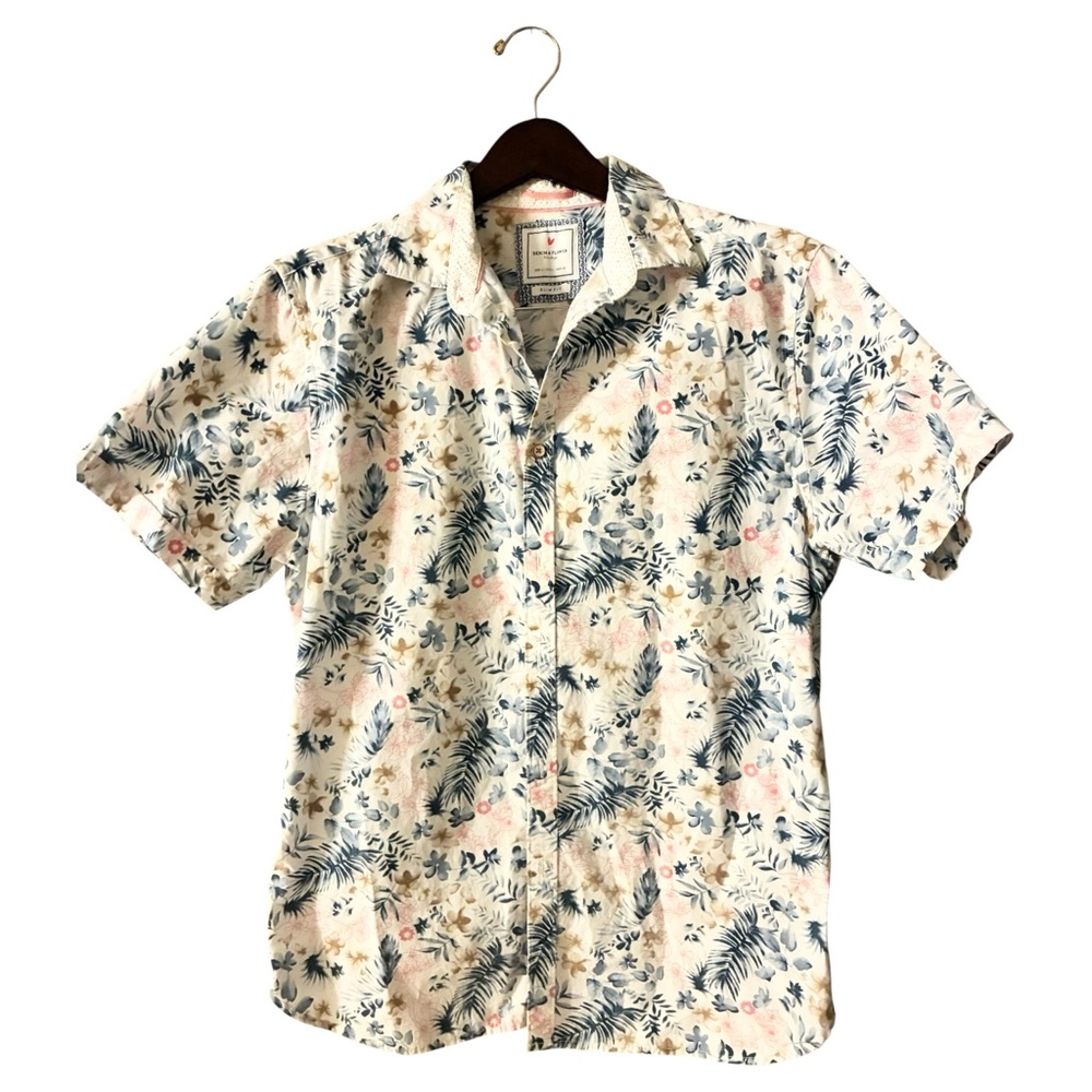 Denim & Flower Ricky Singh Slim Fit Tropical Leaf‎ Print Short Sleeve Size L
